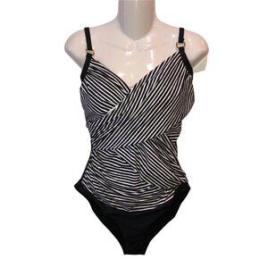 New Tahiti Womens Sz XL Black White Striped V Neck Wrap Front One Piece Swimsuit